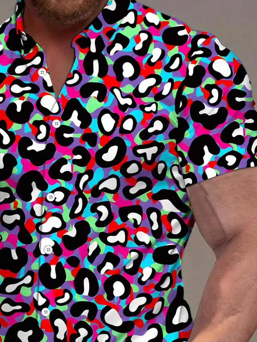 

Mens Abstract Multicolor Leopard Print Short Sleeve Button Down Casual Shirt