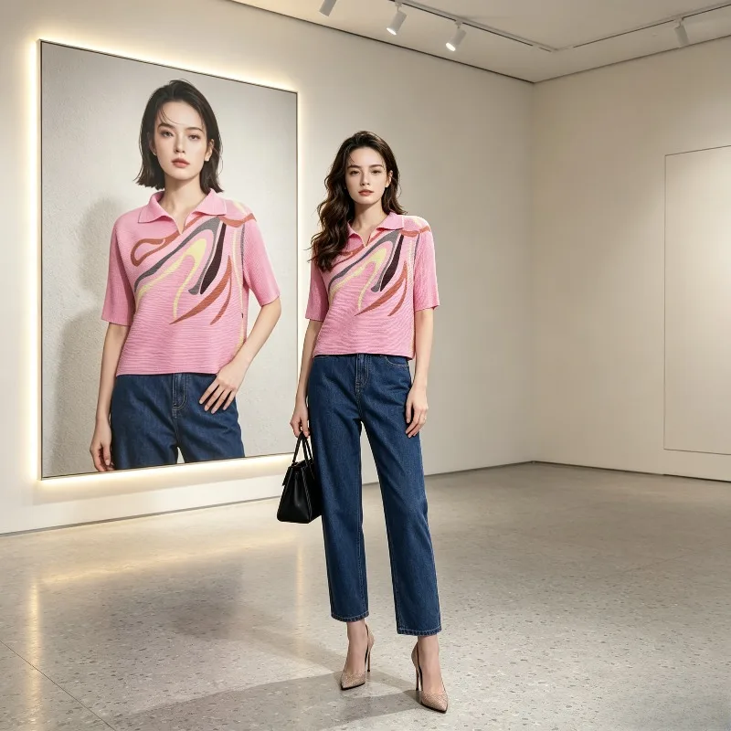 

Плиссированная футболка-поло Miyake черно-розового цвета с геометрическими складками для женщин, летняя новинка, нишевый дизайн