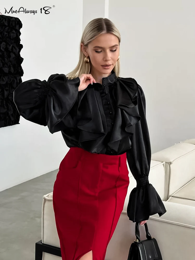 Mnealways18 White Satin Ruffled Shirts Women\'s Flare Sleeves Ruched Strand Collar Blouses And Tops Office Ladies Black Fall 2024