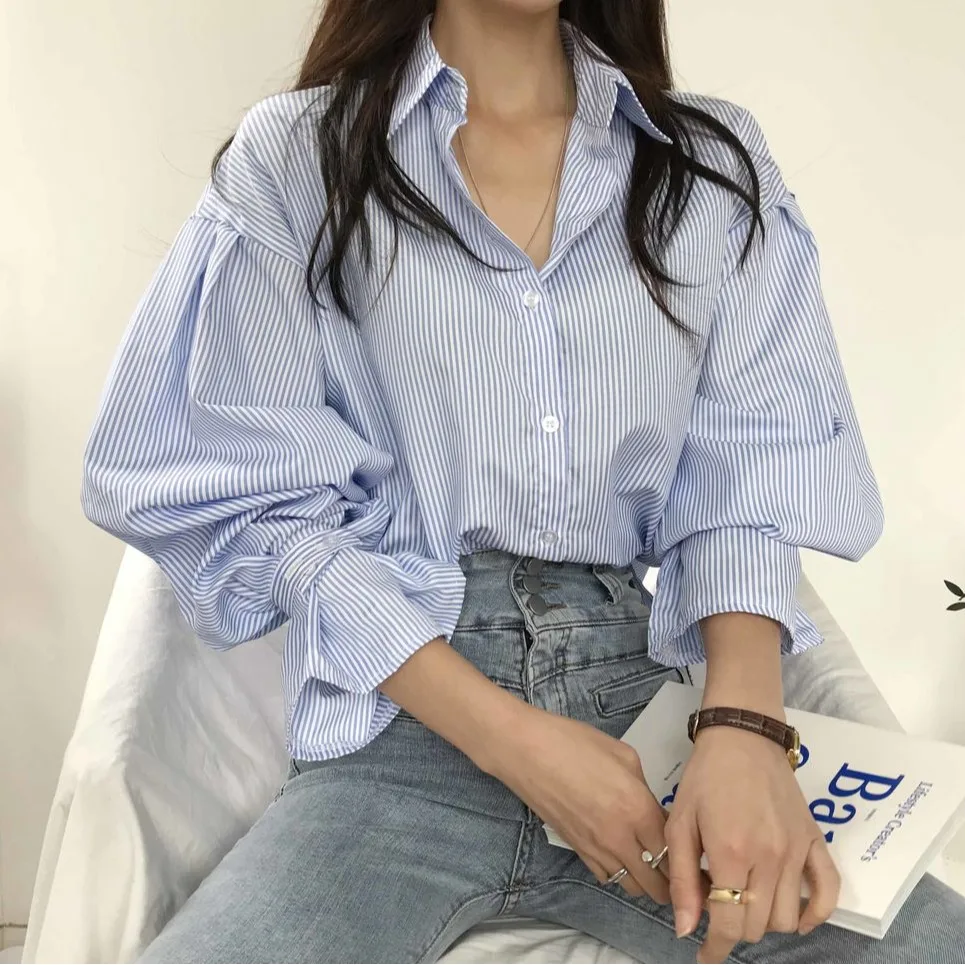 

Свободная женская рубашка с длинным рукавом, весна 2026, простой модный универсальный дизайн в полоску, корейский стиль, коллекция ранней весны