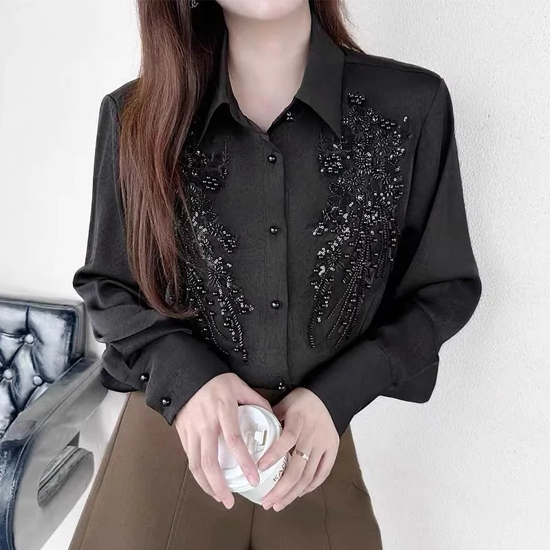 

Корейская блестящая блузка с одним пуговицей для женщин, модный топ прямого кроя с длинным рукавом и воротником, для офиса и повседневной носки