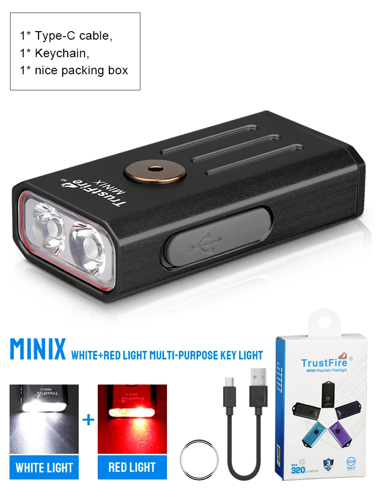 Trustfire Minix Mini EDC-Taschenlampe, Schlüsselanhänger, 320 lm, 365 nm, UV-Lampe, rotes Licht, Typ C, USB wiederaufladbar, bunt, Geschenk, 2 Modi, LED-Taschenlampe 7