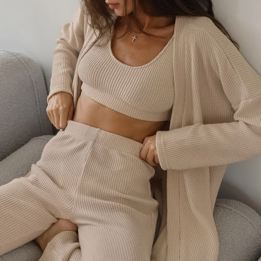 NHKDSASA Autumn 3 Piece Set Long Sleeve Womens Sleepwear New Breathable O-neck Womens Lounge Wear