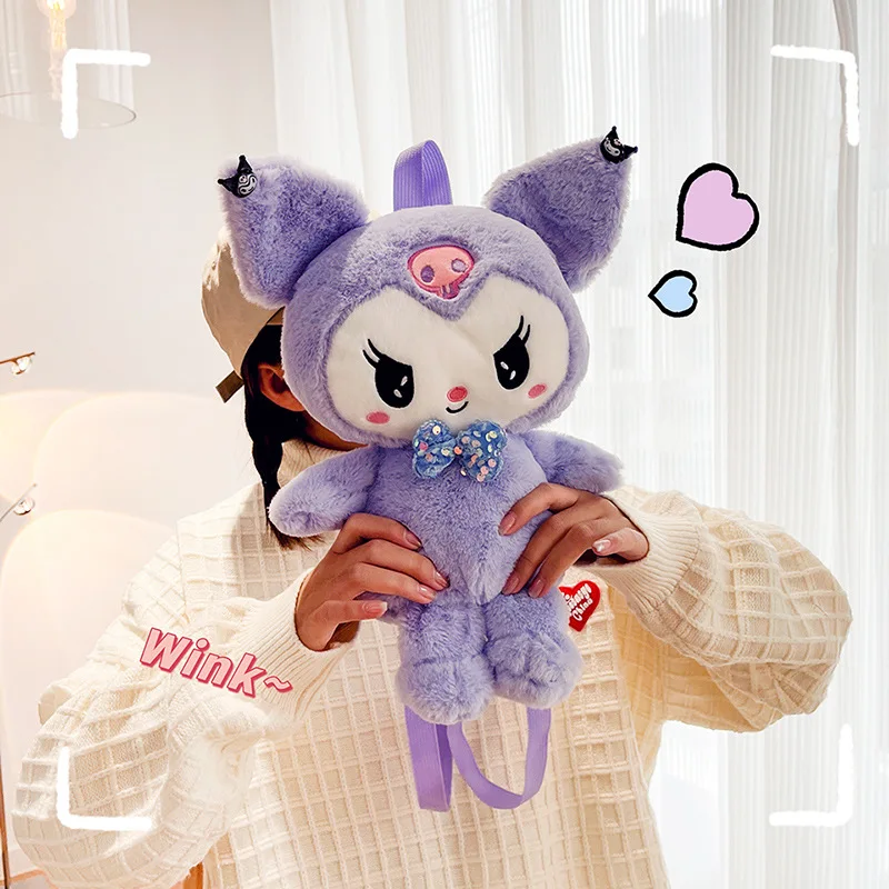 34cm Sanrio Cartoon Kuromi Kawaii Plush Bag Toy Anime Figure Cartoon Soft Sister Backpack Sanrio Devil Rabbit Doll Girl Gift