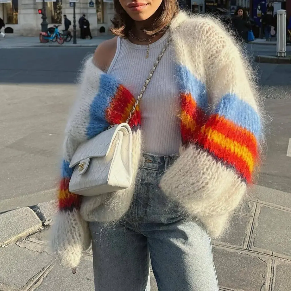 

Women's Long-Sleeved Cardigan Contrast Striped Knitted Sweater Casual Street Style Loose Fit Autumn Winter Fashion