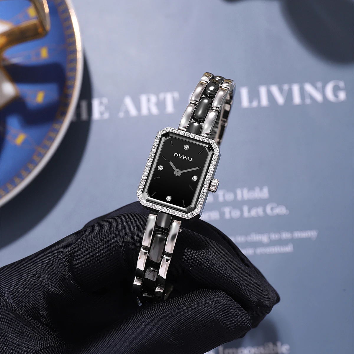 Oupai relógio retangular feminino pulseira de quartzo moda e corrente simples relógio de pulso feminino compacto e requintado à prova d'água