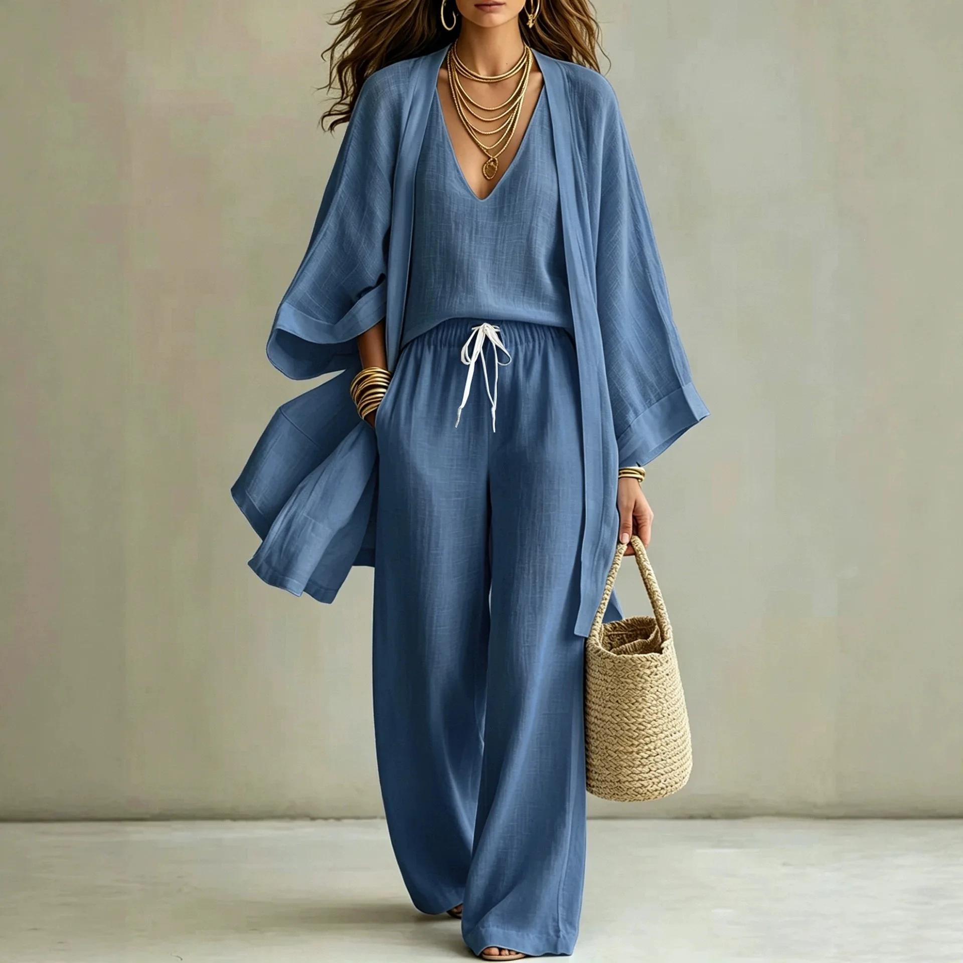 Women's Summer Loungewear Three Piece Set, Loose Midi Open Front Cardigan, Sleeveless Tank Vest Trousers Soft Casual Home Suit