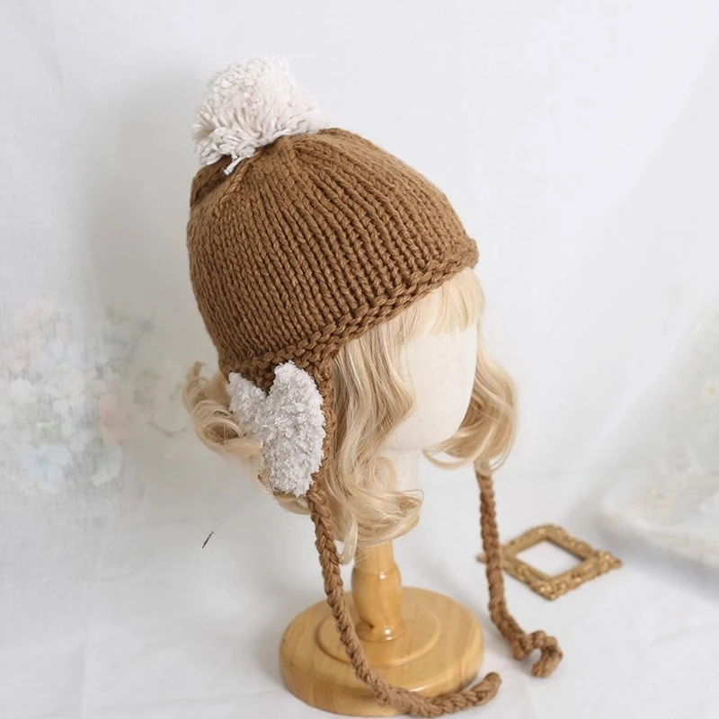 Outono e inverno macio menina doce e bonito coração proteção de orelha chapéu de malha grossa rosto destacando pequeno chapéu de lã