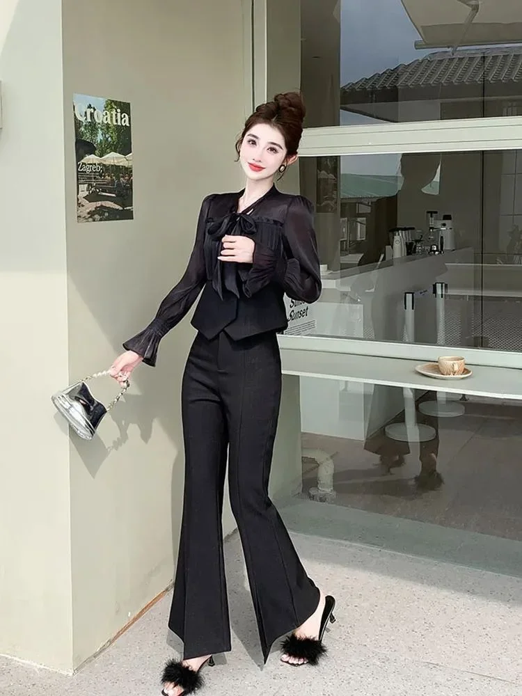 Splicing Blouse And Pant Sets For Women 2 Pieces Shirt Lace Up Black Trousers Woman Korean Style Offer Korean Style Full Co Ord