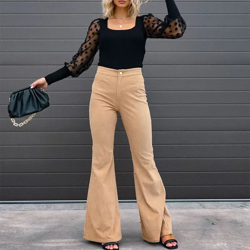 Women Pants Elegant Corduroy Autumn Winter Fashion Slim Casual Female New Solid Mid-waist Street Long Flare Clothing Lugentolo