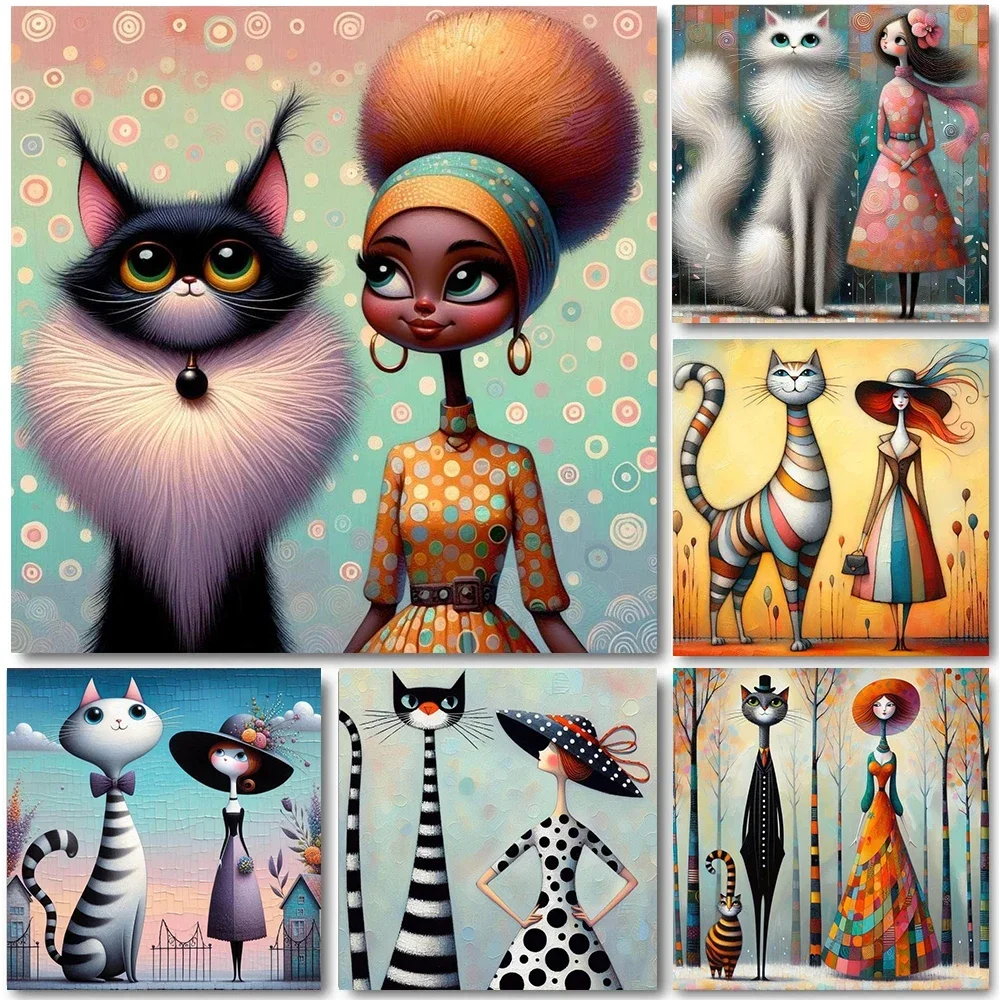 Comic Style Woman And Cat Illustration Poster Prints For Living Room Home Decor Cartoon Girl And Kitten Canvas Panting Wall Art