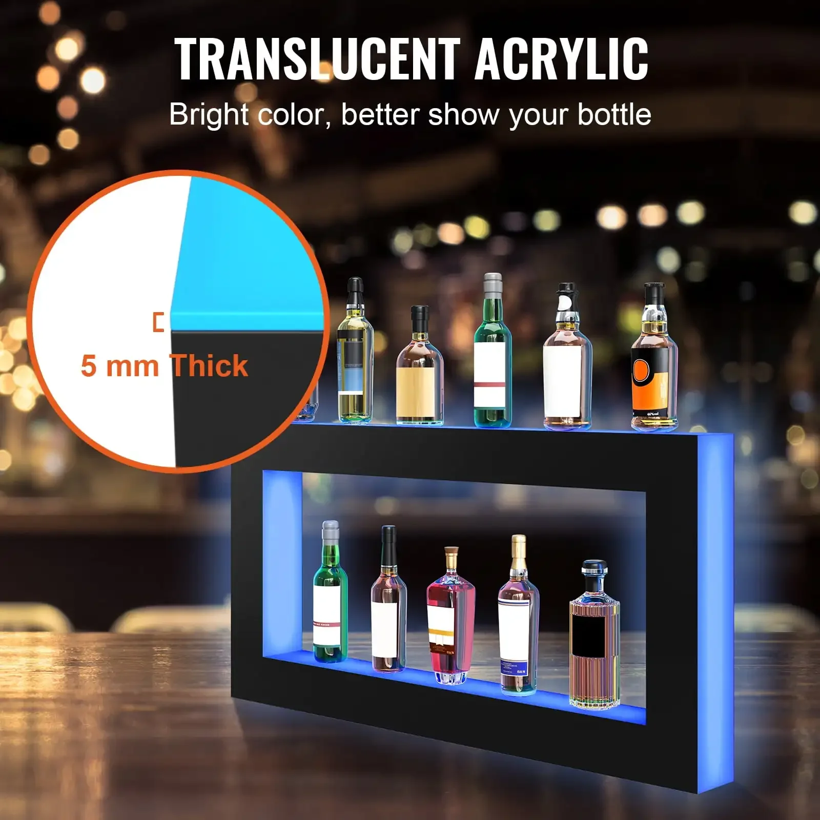 LED Lighted Liquor Bottle Display Bar Shelf RF & App Control 48" Square