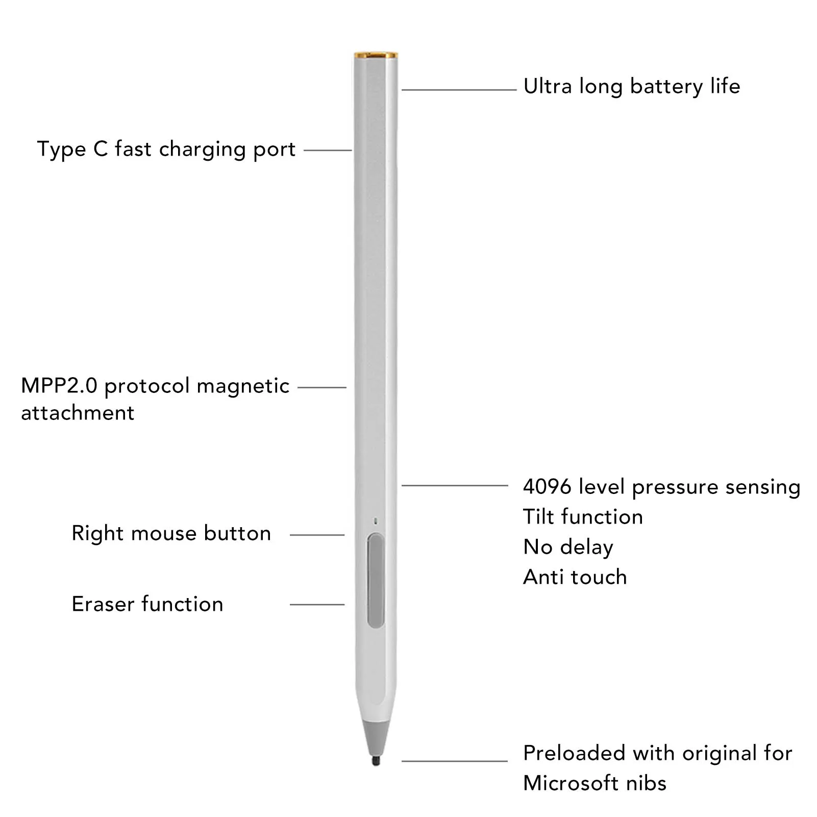 Pen MPP2.0 4096 Pressure Levels Magnetic  Pen Easy  with 2 Replacement Nips for 14m Ba0xx for Pro 3 Pro 4