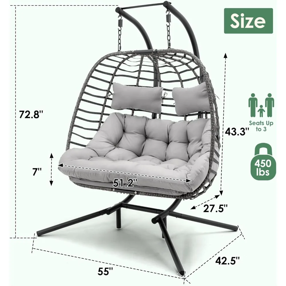 Silla colgante tipo huevo para 2 personas con soporte, cojín resistente a los rayos UV y marco de Metal, silla columpio doble de huevo de mimbre hecha a mano para Patio