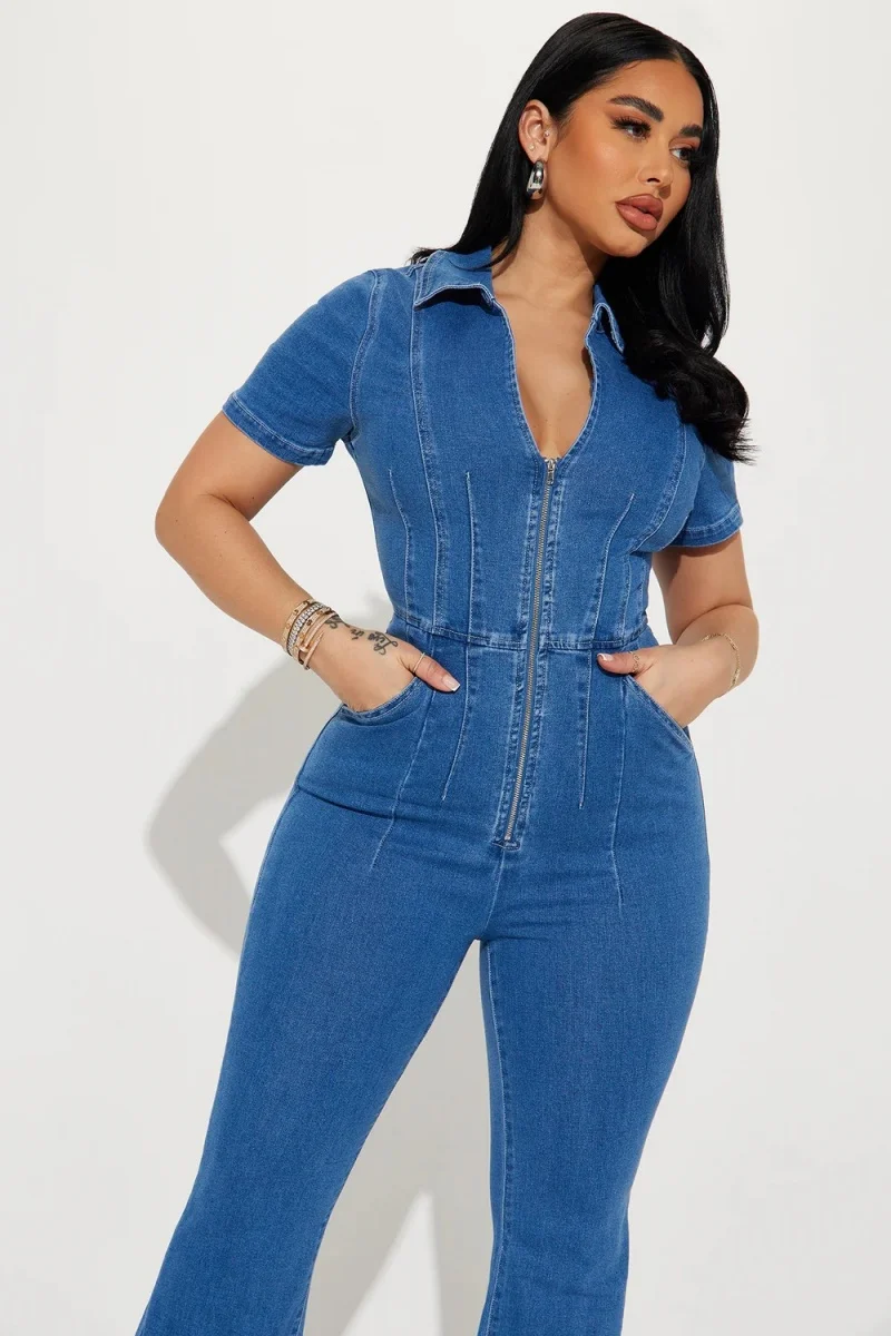 Fashion Denim Jumpsuits Summer Clothing Women 2026 Short Sleeve Zipper Up Flare Jeans Rompers Playsuit One Piece Overalls Outfit