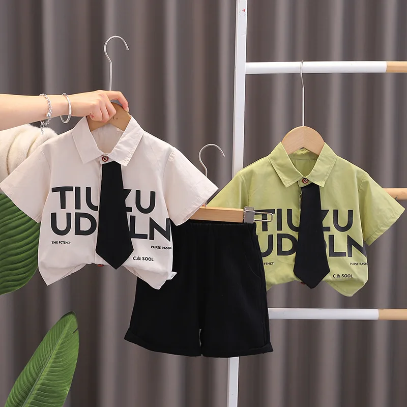 

Childrens Clothing Sets 2024 New Summer Baby Boy Clothes 6 To 9 Months Letter Tie Short Sleeved Shirts and Shorts Kids Boys Suit