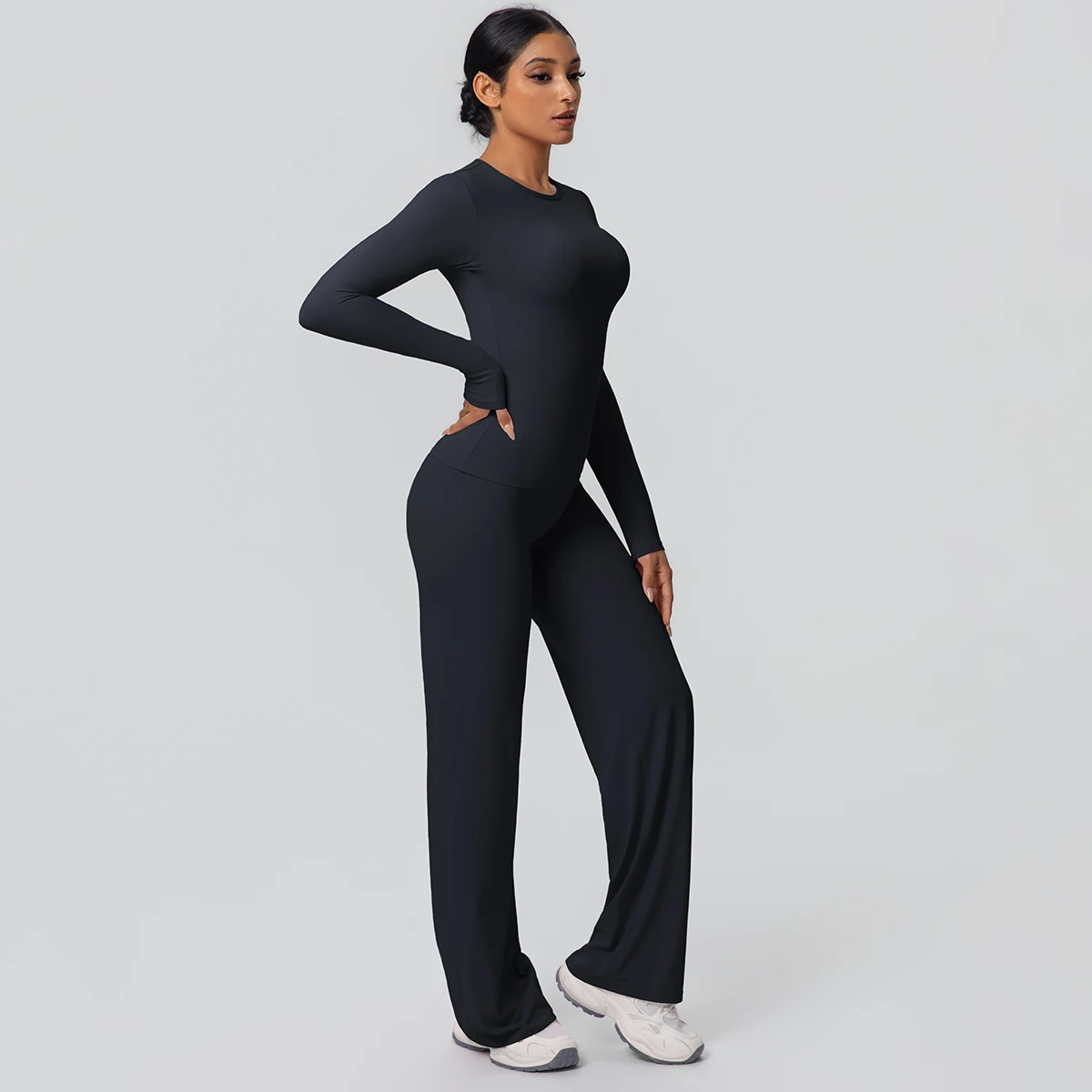 2 stück Frauen Gym Yoga Set Lauf Shirts Schlank Lange Ärmel Workout Top Schnell Trocknend Hohe Stretch Breite Bein Hosen dünne Yoga Set – Detail 15