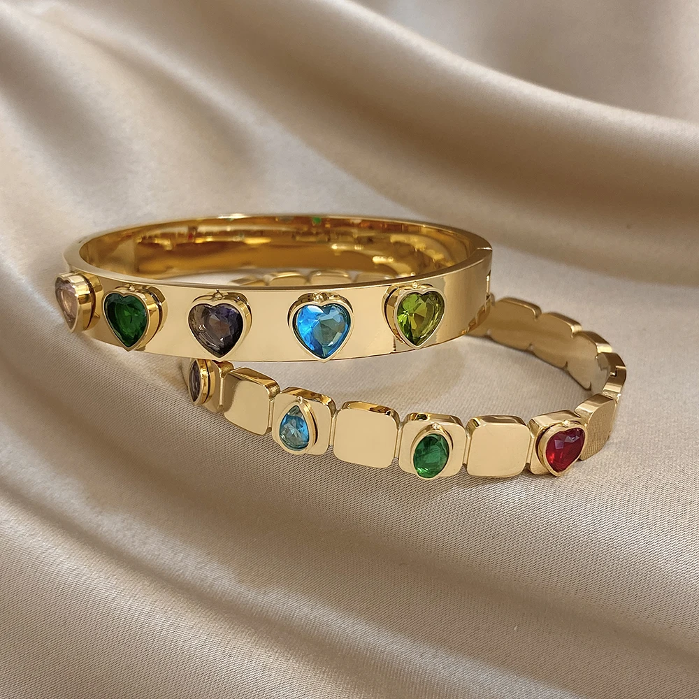 Greatera الملونة الهندسة حجر الراين مطعمة على شكل قلب الفولاذ المقاوم للصدأ سوار مطلي الذهب الفاخرة الكفة الإسورة مجوهرات هدايا