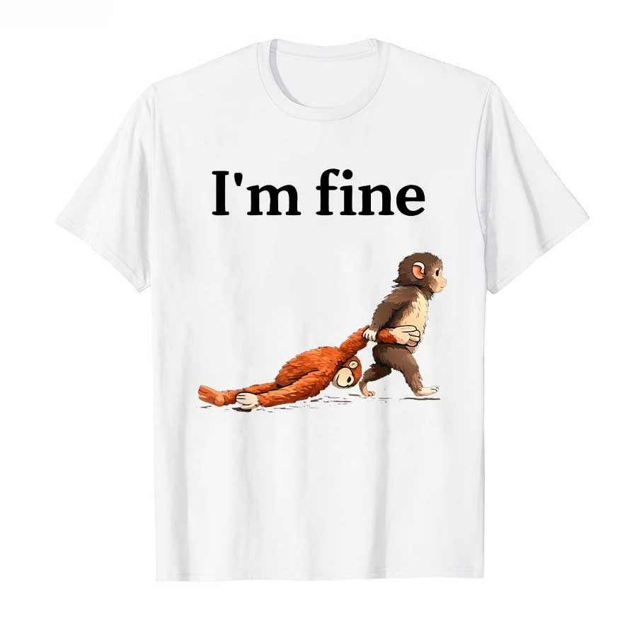 Sad Monkey Punch Meme with An Orange Toy I'm Fine T-shirt for Men Women Cotton T Shirts Short Sleeve Tops 2026 New Summer