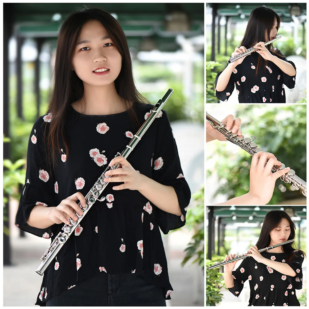 

16 Holes Closed Hole Flute C Key Flutes Cupronickel Woodwind Instrument with Cleaning Cloth Rod Gloves Screwdriver