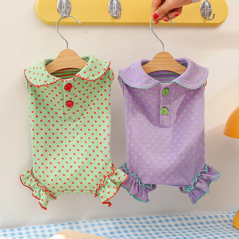 

Sweet Dog Jumpsuit Spring Summer Girl Dog Clothes Dot Pattern Wrapped Belly Clothing Puppy Overalls Onesie For Small Dogs Yorkie