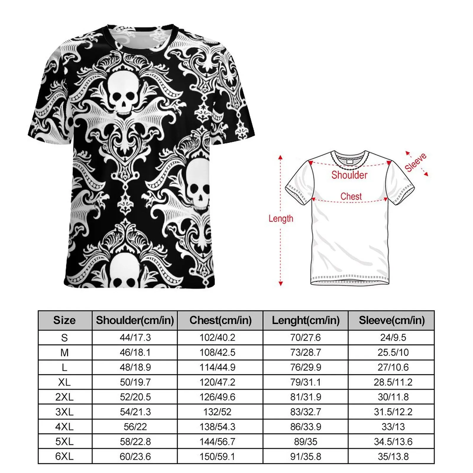 Oversize T-Shirt Summer Gothic Skulls Print T-Shirts Retro Damask Streetwear O-Neck Tshirt Man Vintage Pattern Top Tees