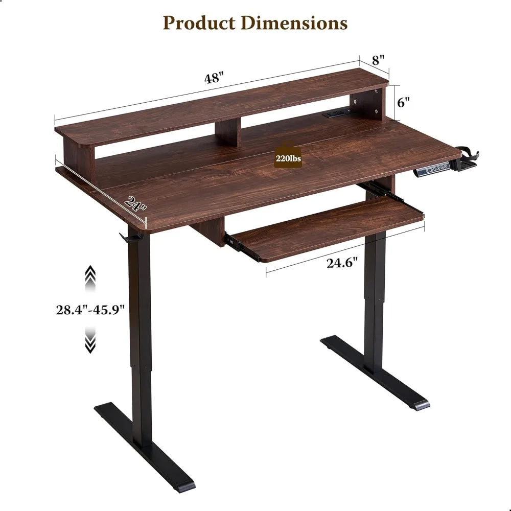Electric Height-Adjustable Desk with Sit-Stand Capability, Integrated Keyboard Tray, Power Outlets, LED Lighting, and Monitor Sh