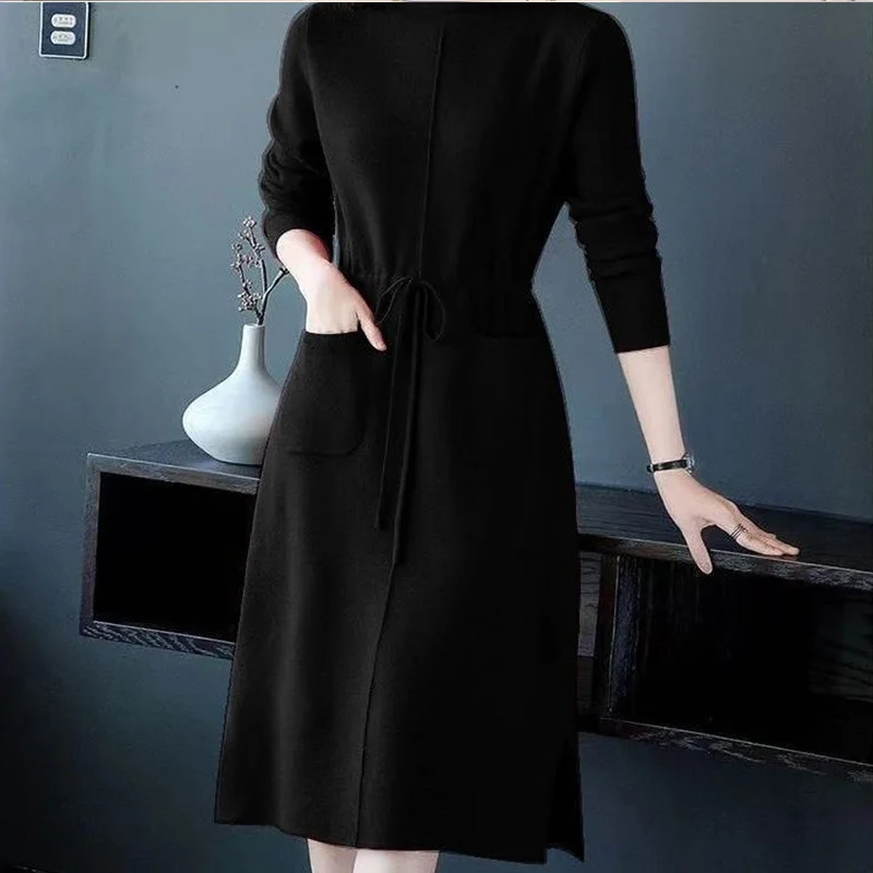 Turtleneck Knitted Dress Temperament Midi Dress Ladies Knitting Lacing Dresses Autumn Winter Elegant Pocket Vintage Dress Women
