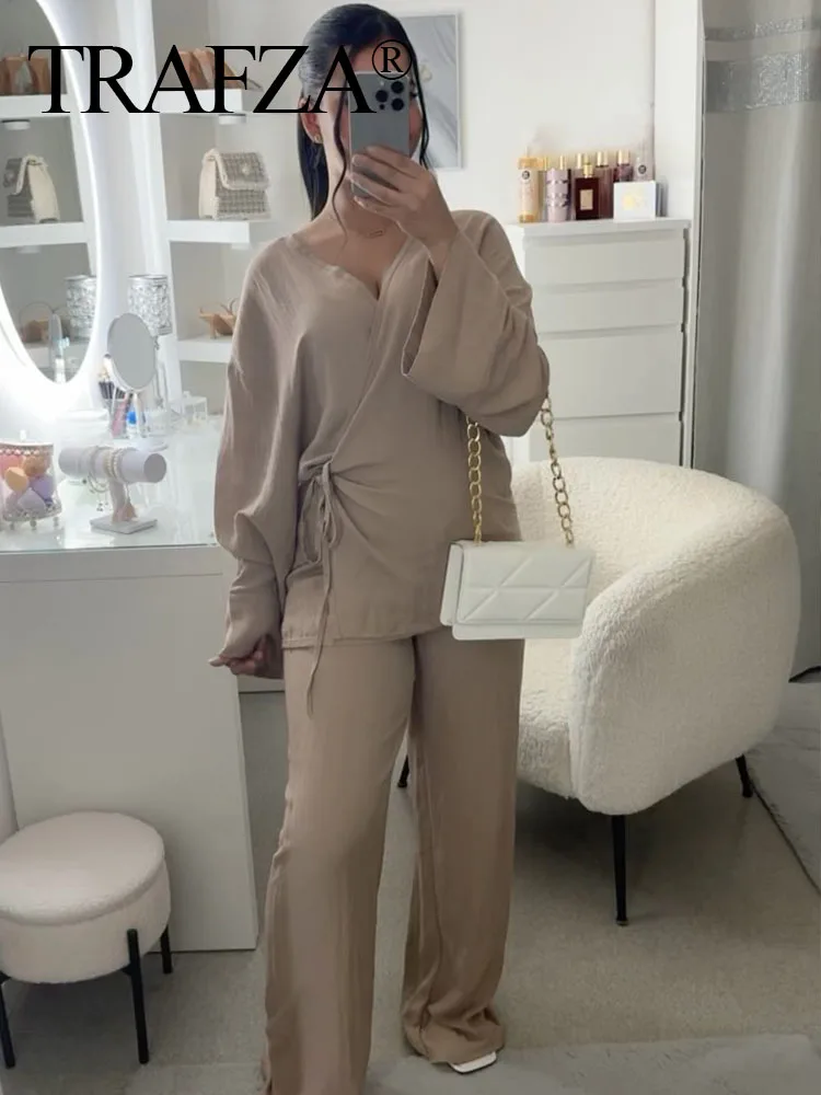 TRAFZA Women Solid Loose Pajama Style Sets Casual Lace Up Long Sleeve Shirt Tops Female Elegant Elastic High Waist Pants Outfit