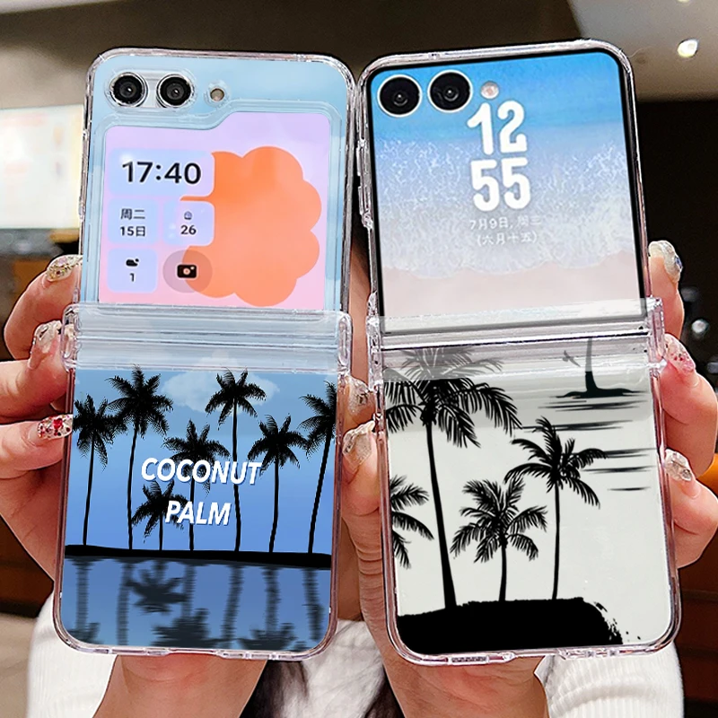 Coconut Tree Pattern Clear Phone Case For Samsung Galaxy Z Flip 7 6 5 4 3 5G Flip7 Flip6 Flip5 Shockproof Folding Hard PC Cover