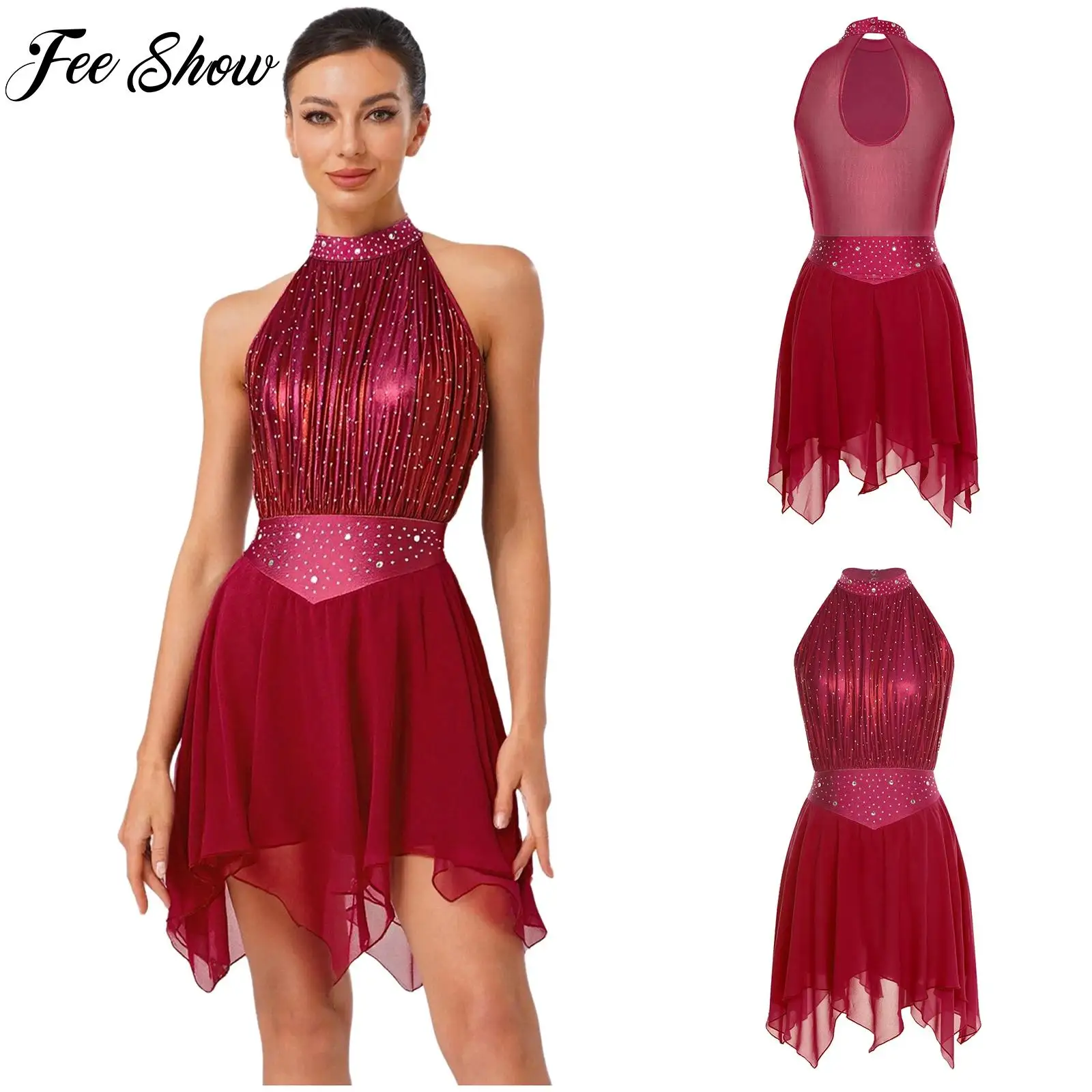 

Womens Lyrical Dance Dress Rhinestone Mesh Built-in Briefs Leotard for Modern Dance Figure Skating Prom Party Stage Performance
