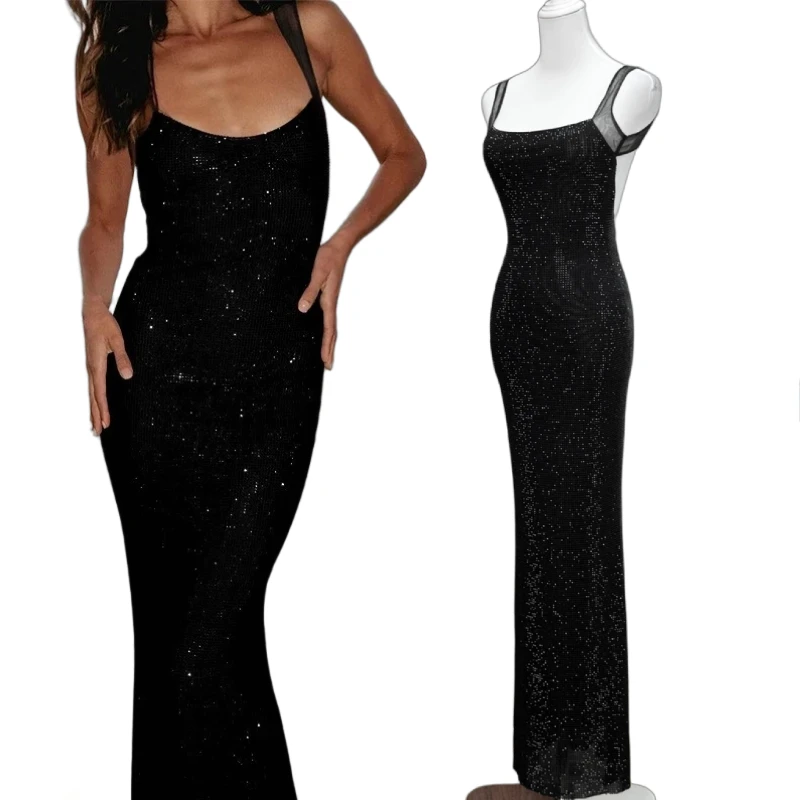 Women Black Glitter Mermaid Maxi Dress Sleeveless Mesh Strap Bodycon Long Evening Gown Elegant Backless Party Club Prom Dresses