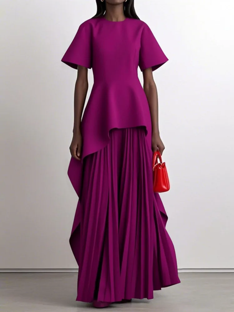 Yeezzi Elegant Women's Wedding Banquet Peplum Dress 2025 New Short Sleeves Pleated Irregular Hem Party Evening Maxi Dresses