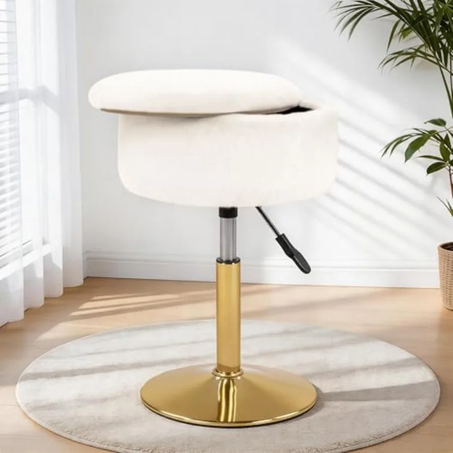 

Adjustable Vanity Stool with Storage, 360° Swivel Gold Chair, Small Round Ottoman Footrest for Bathroom, Makeup Room, White