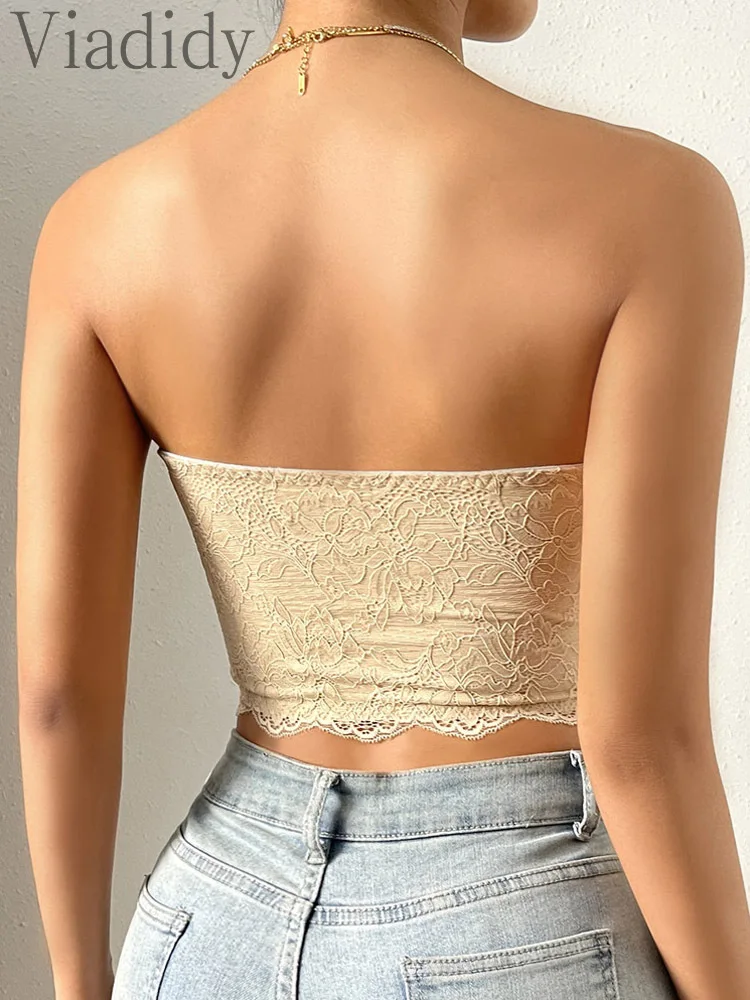 Women Sexy Lace Feather Decor Low Cut Tube Top