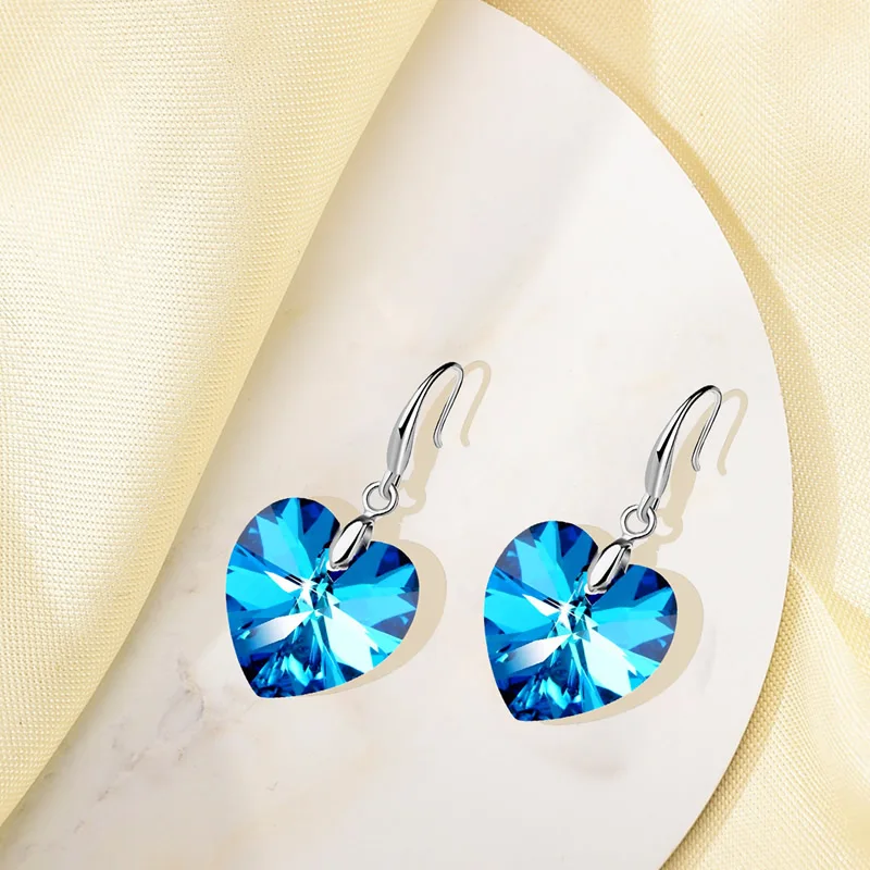 2023 오스트리아 크리스탈 실버 도금 귀걸이 여성을위한 생일 선물을위한 바다 모양의 귀걸이의 블루 컬러 하트 pendientes