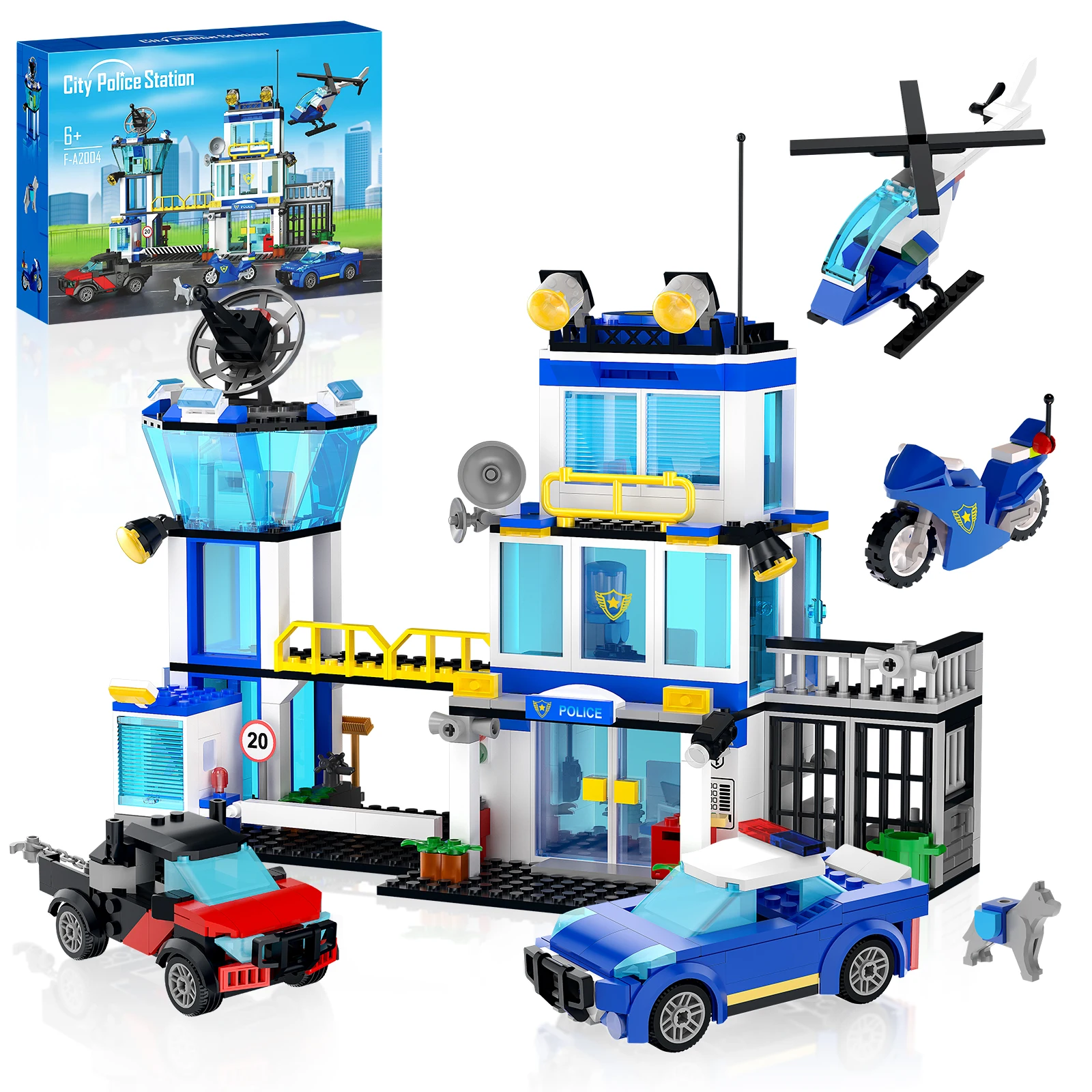 

City Police Department Building Block Set, with Helicopter, Police Car and Motorcycle, Ideal Birthday Holiday Collectible Gift