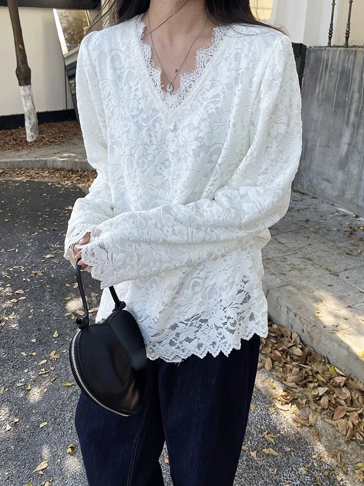 

Sexy Lace Embroidery Long Sve V-Ne Mid-Length Women's Base irt Hollow out Layered Top for Autumn Winter Office Wear
