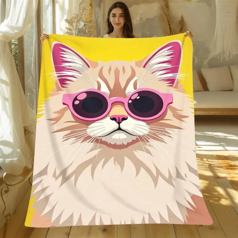 1pc 280GSM Cooling Flannel Throw Blanket, Soft Skin-Friendly Fluffy Fabric for Room And Sofa, Featuring a Stylized Cream Cat in Pink Glasses on Vibrant Yellow Background, Modern Pop Art Design for Indoor And Outdoor Use 2D Flat Weighted Blanket