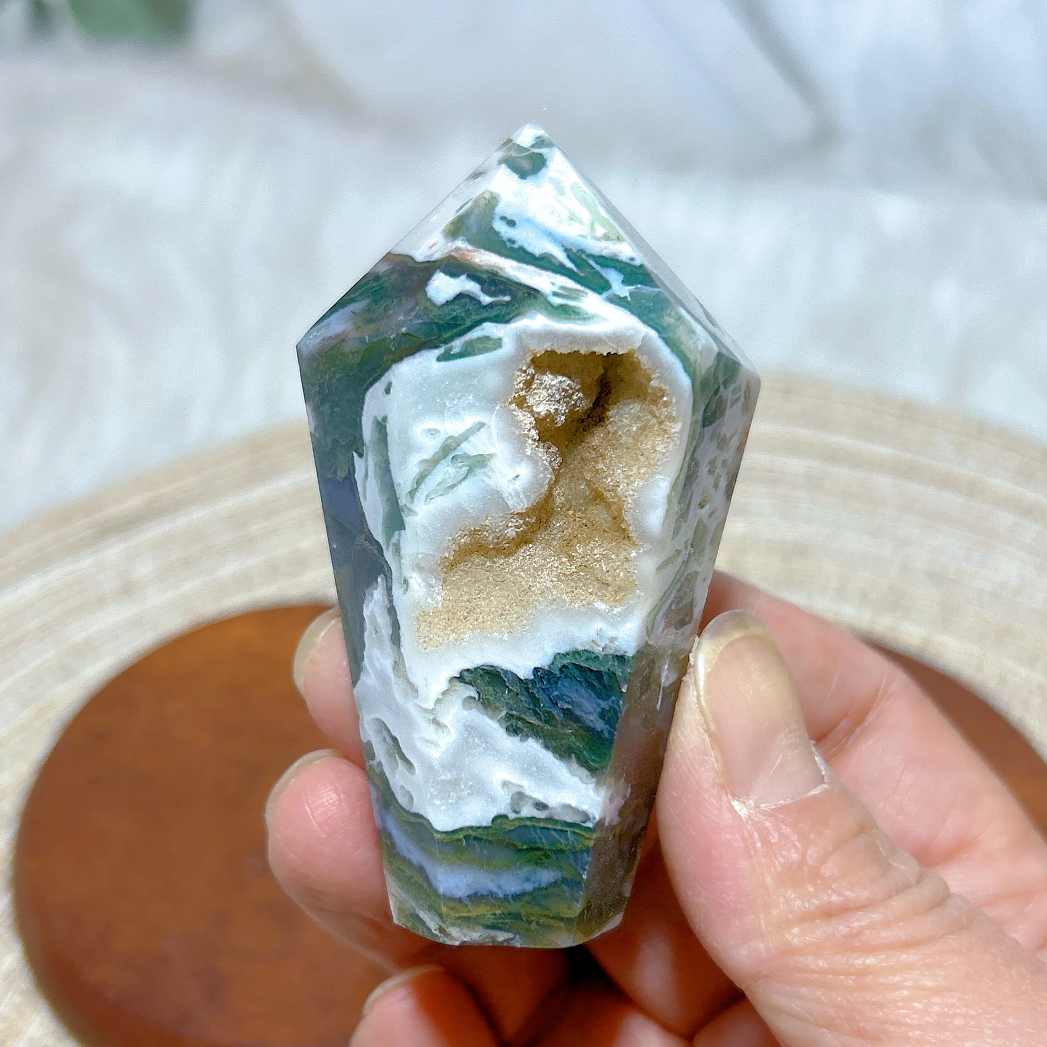 

High Quality Natural Crystal Moss Agate Cake Tower Wand Polished Reiki Energy Healing Stone Home Decoration Room Decor Gift