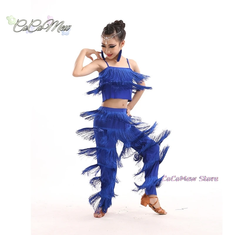 子供のフリンジドレス、タッセルパンツ、salsaとsambaのスパンコール、子供のステージ衣装、ボールルーム、プラスサイズ