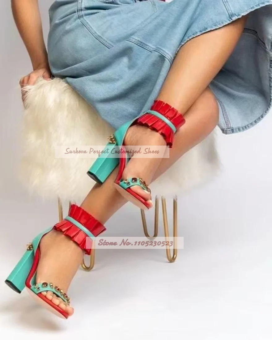 Red Turquoise Color Block Chunky Heel Sandals Ruffle Ankle Cuff Rhinestone Gem Decor Open Toe Back Zipper Party Dress Heels