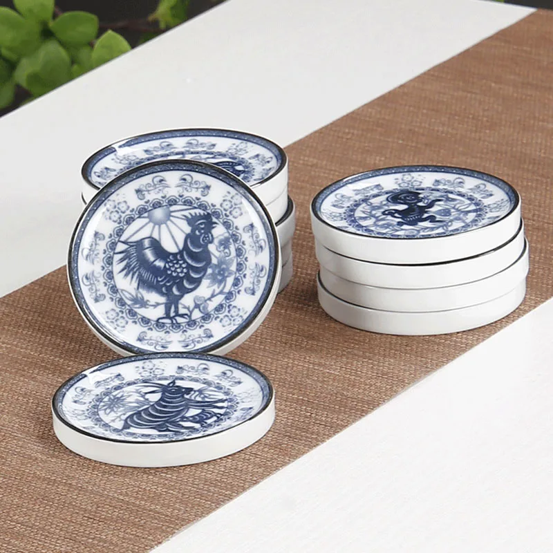 Twelve zodiac blue and white ceramic tea cup pads, insulated cup holders, tea holders,retro circular home decoration accessories