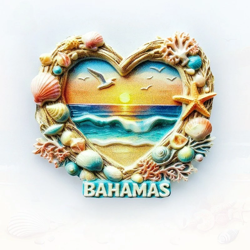 Imã de Geladeira Praia das Bahamas - Charmoso Souvenir 3D em Formato de Coração com Folhagens, Presente Tropical Único para Viagens e Decoração de Casa Costeira