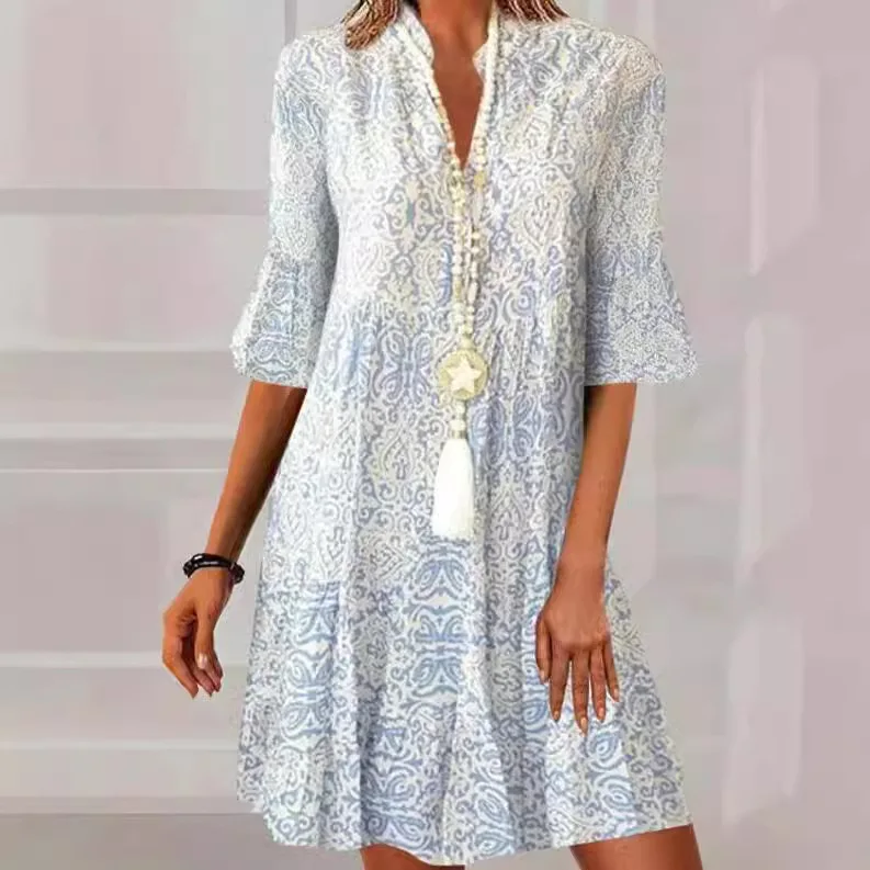 

Fashion Vintage Print Female Pullover Dresses 2025 Spring Summer V Neck Short Sleeve Dress Casual Women Loose Party Vestidos