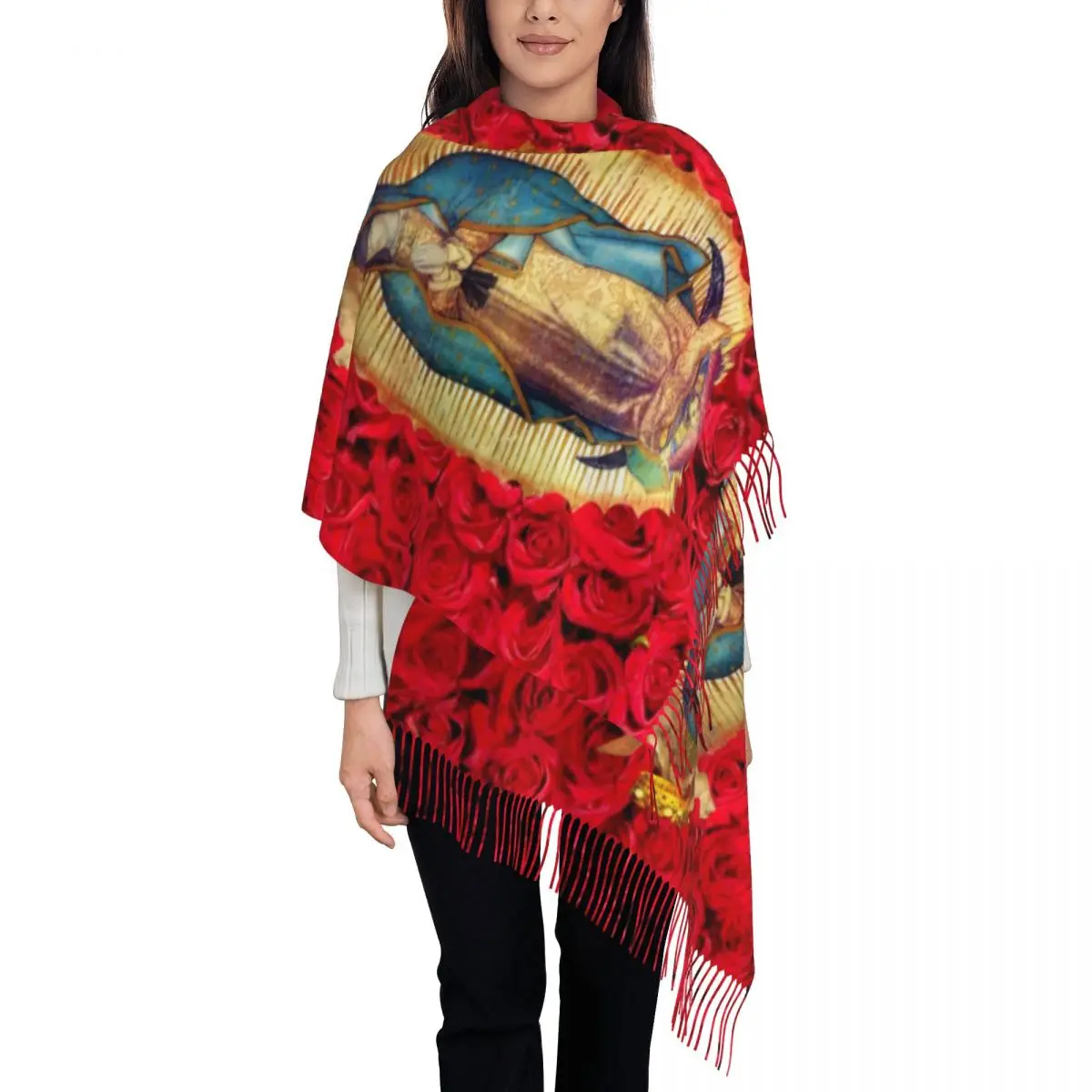 Customized Ladies Large Guadalupe Virgin Mary With Flowers Scarves Winter Fall Thick Warm Tassel Shawl Wraps Catholic Scarf