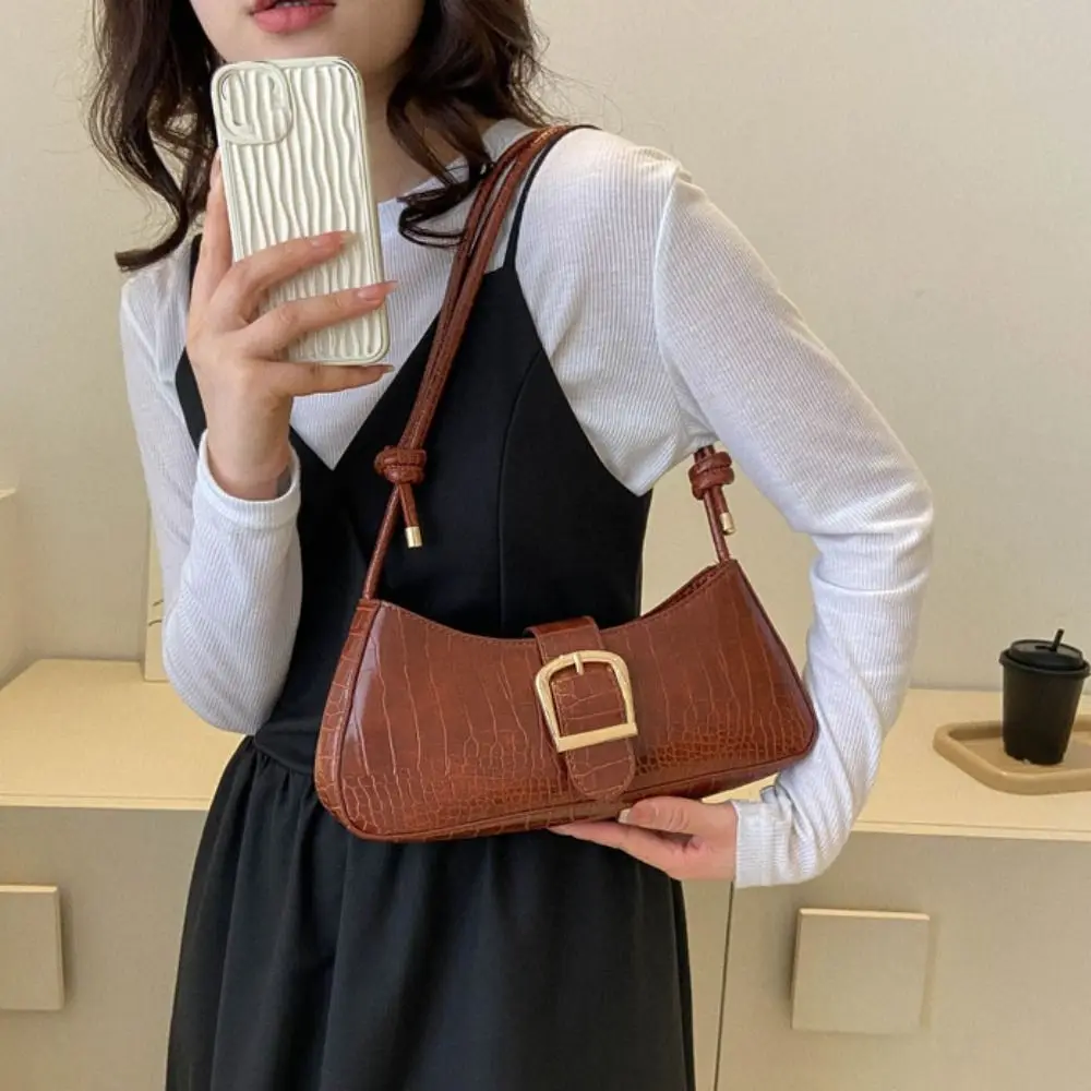 

Vintage Half-moon Underarm Bag Stone Pattern Handbag PU Leather Shoulder Bag French Style Fashion Rectangle Armpit Bag Girls