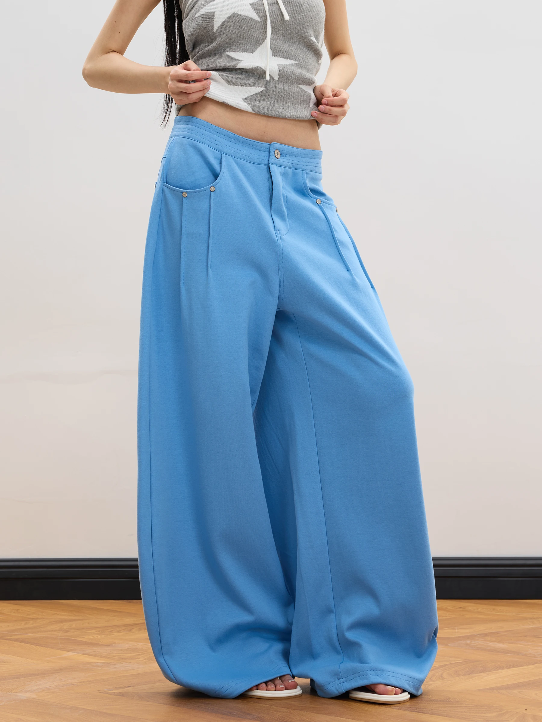 

Blue Wide Leg Casual Pants Loose Drapey Floor-Length Trousers Lazy Style New Arrival Women's Comfortable Loose Fit Trousers