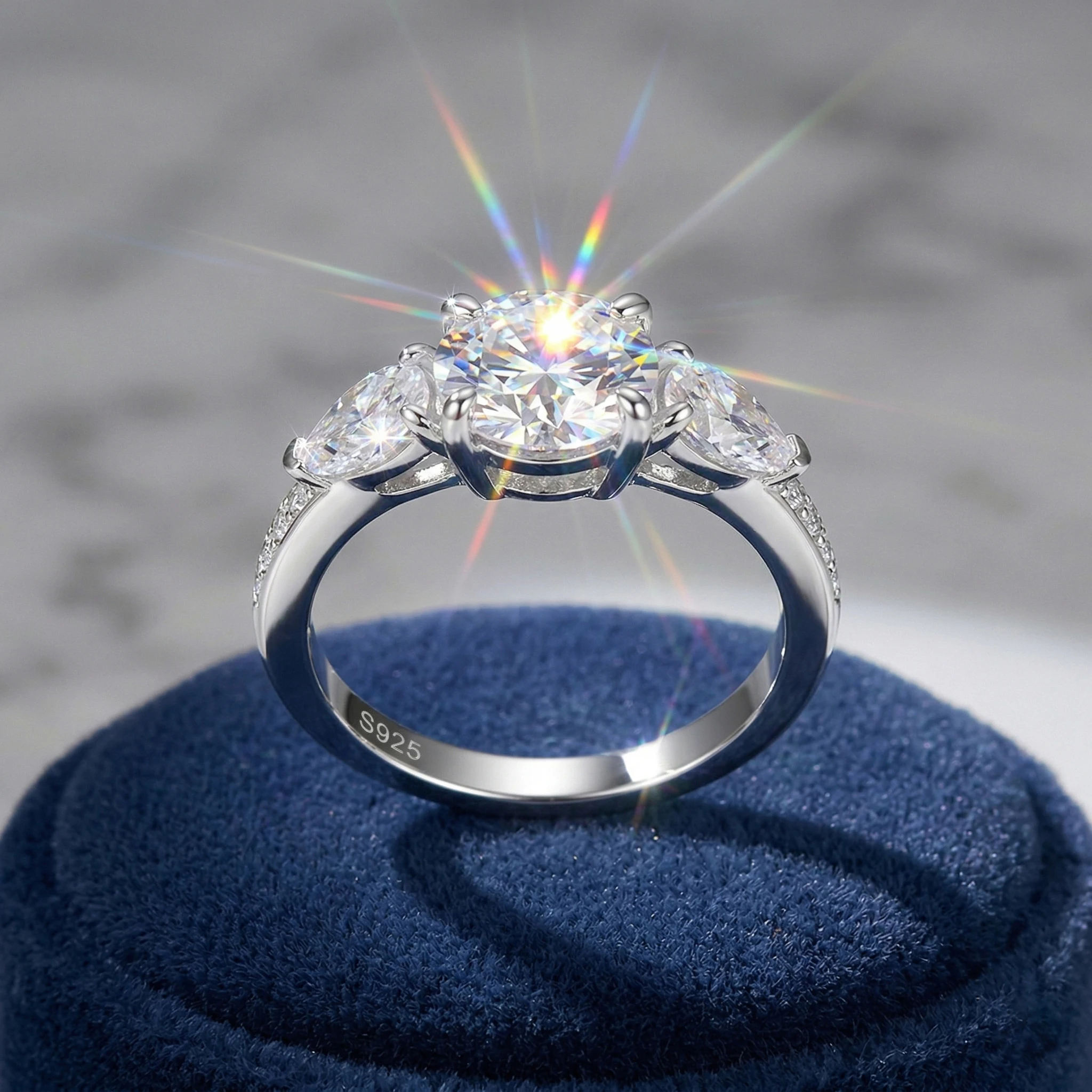 

Three Stone Moissanite Ring, 925 Silver, D Color VVS1, 2ct Pear Side Stones Engagement, Women's, Cert Quality