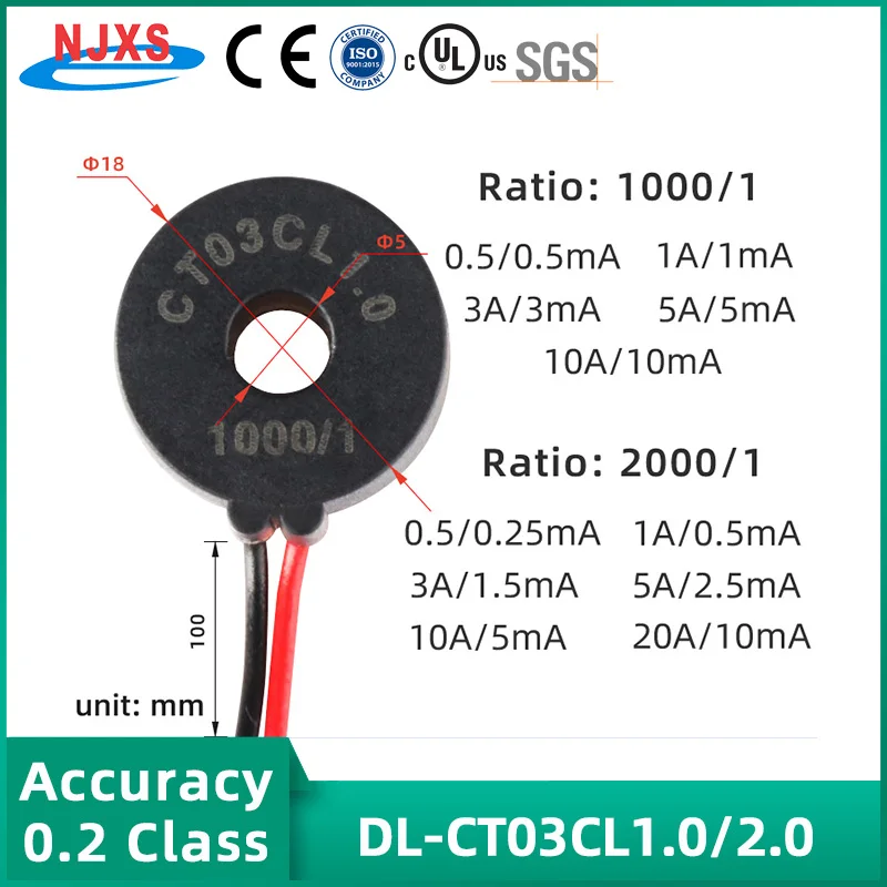 Micro Current Transformer Ring Core 0~24A DL-CT03CL 1000/1 2000/1 AC CT 5A 5mA 20A 10mA Lead Wire Annular Mutual Inductor